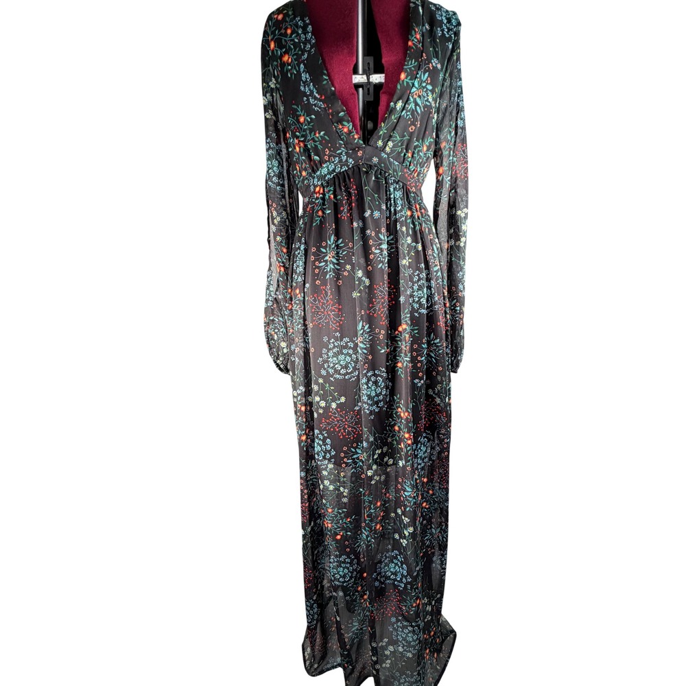 Altar'd‎ State Maxi Dress Women Size S Black Floral Boho Plunge V-Neck Romantic